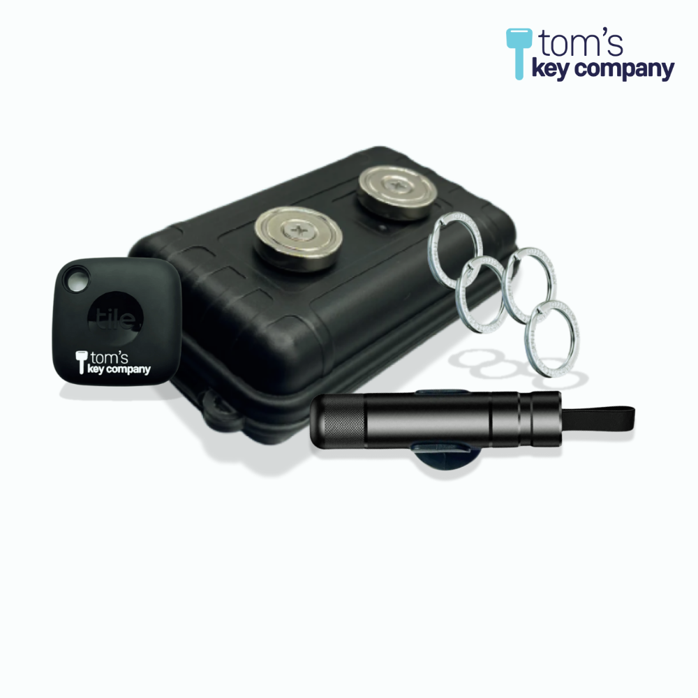 4 Piece Gift Bundle for Car Owners: Magnetic Key Storage Box, Premium Metal Key Rings, Tile Key Finder, Window Breaker & Seatbelt Cutter