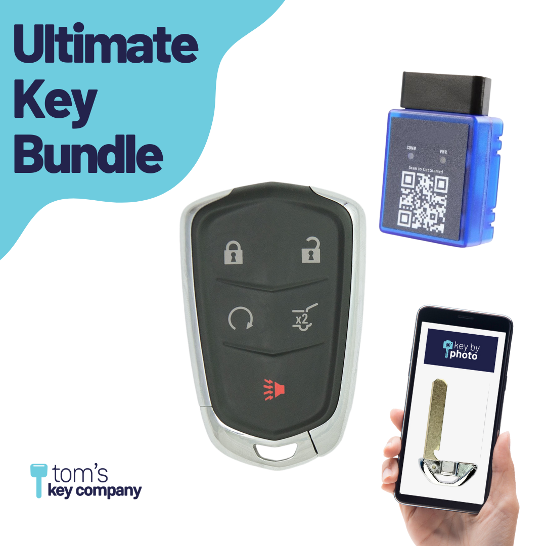 Ultimate Smart Key Bundle with Programming Tool, Aftermarket 5-Button Smart Key Fob and Key By Photo for Select Cadillac Vehicles (CADSK-5B-HRRS-117-K-UKB)