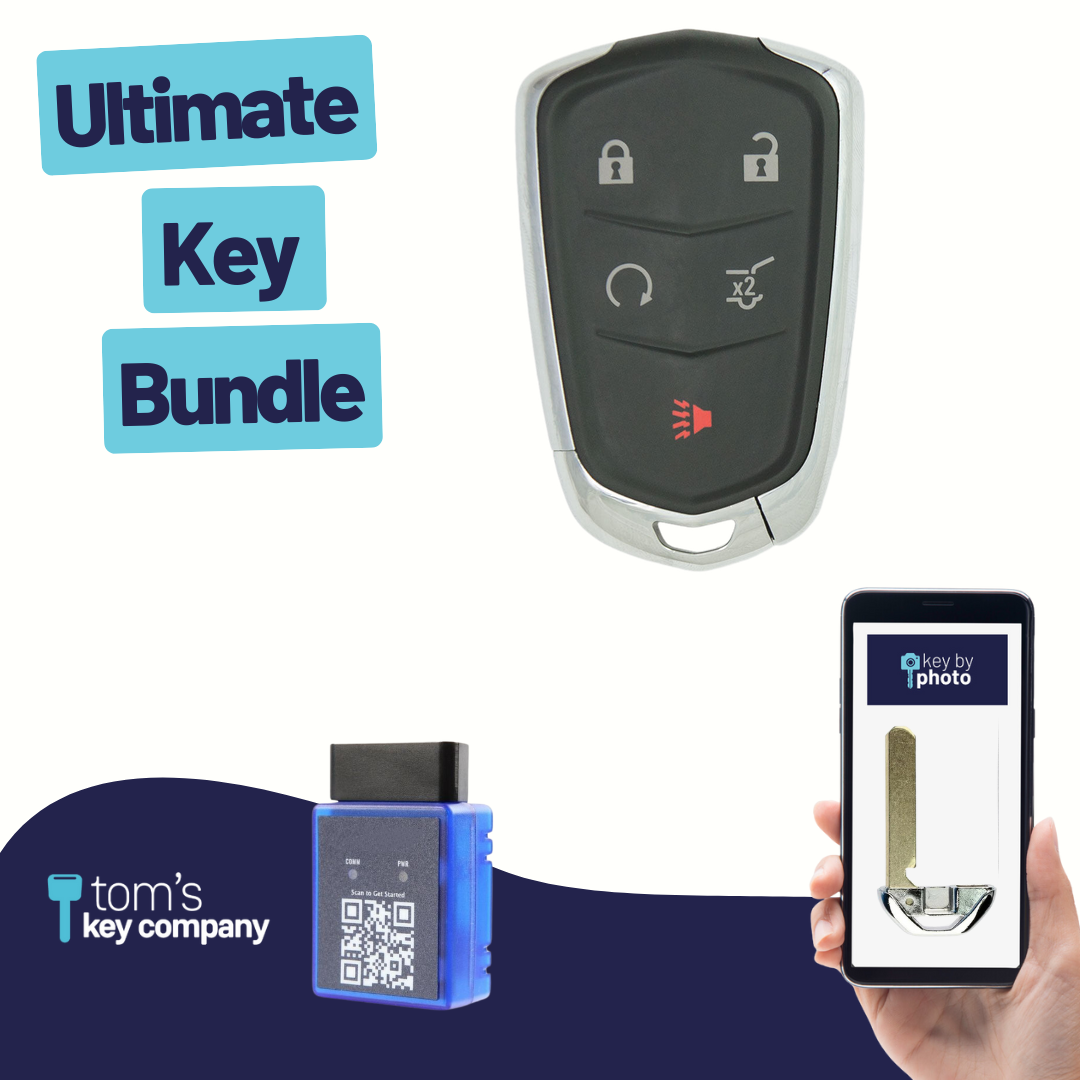 Ultimate Smart Key Bundle with Programming Tool, Aftermarket 5-Button Smart Key Fob and Key By Photo for Select Cadillac Vehicles (CADSK-5B-HRRS-117-K-UKB)