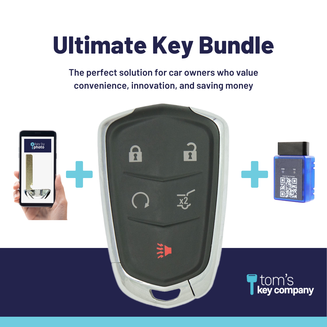 Ultimate Smart Key Bundle with Programming Tool, Aftermarket 5-Button Smart Key Fob and Key By Photo for Select Cadillac Vehicles (CADSK-5B-HRRS-117-K-UKB)