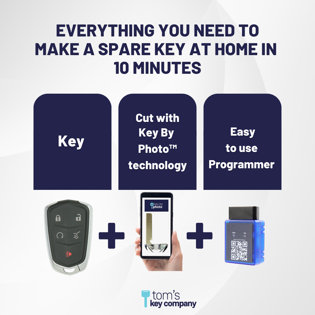 Ultimate Smart Key Bundle with Programming Tool, Aftermarket 5-Button Smart Key Fob and Key By Photo for Select Cadillac Vehicles (CADSK-5B-HRRS-117-K-UKB)