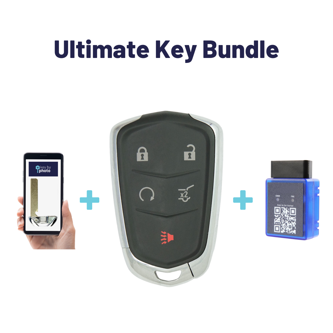 Ultimate Smart Key Bundle with Programming Tool, Aftermarket 5-Button Smart Key Fob and Key By Photo for Select Cadillac Vehicles (CADSK-5B-HRRS-117-K-UKB)