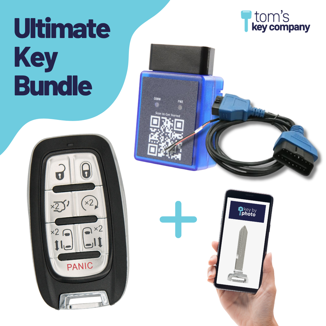 Ultimate DIY Car Key Replacement Kit for Chrysler Pacifica and Voyager with smart key, PairMyKey programmer, bypass cable, and Key By Photo service