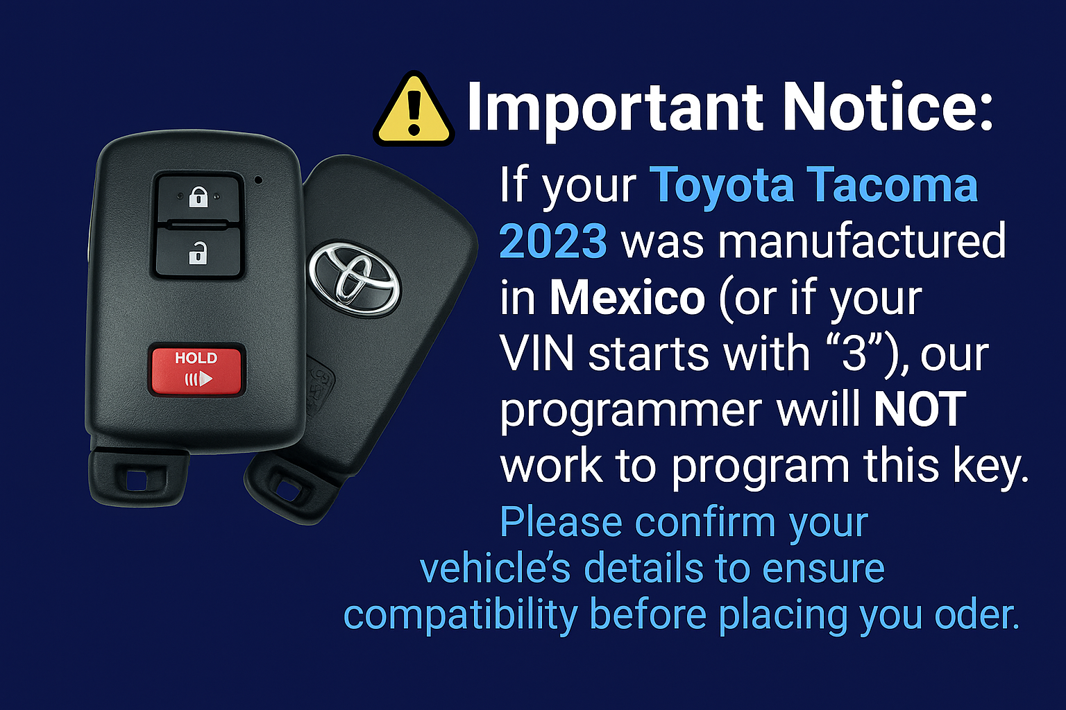 Brand New Aftermarket 3 Button Smart Key FOB with Emergency Key for Toyota 4Runner, Tacoma, Tundra, & Sequoia (HYQ14FBB-3B-G0010-FOB)
