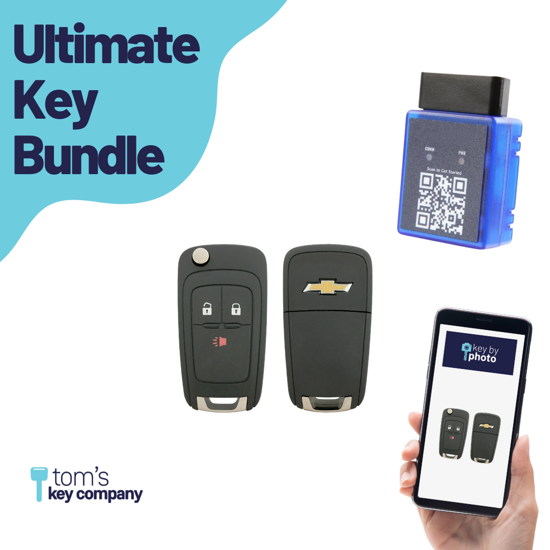 Ultimate Remote Key Bundle with Programming Tool, Refurbished 3-Button Remote Key and Key By Photo for Select Chevrolet Vehicles (CHEFLP-3B-839-REF-K-UKB)