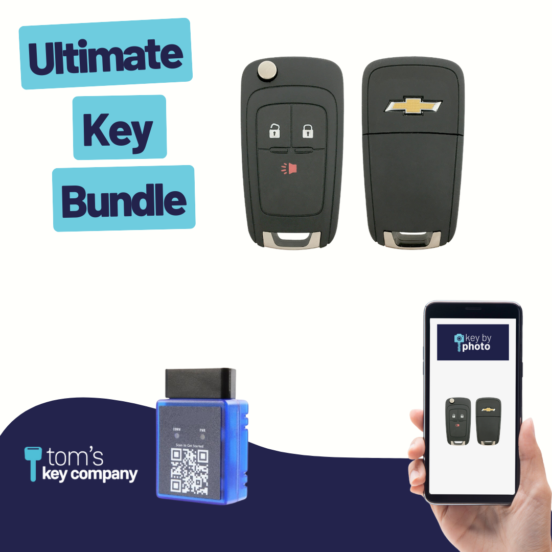 Ultimate Remote Key Bundle with Programming Tool, Refurbished 3-Button Remote Key and Key By Photo for Select Chevrolet Vehicles (CHEFLP-3B-839-REF-K-UKB)