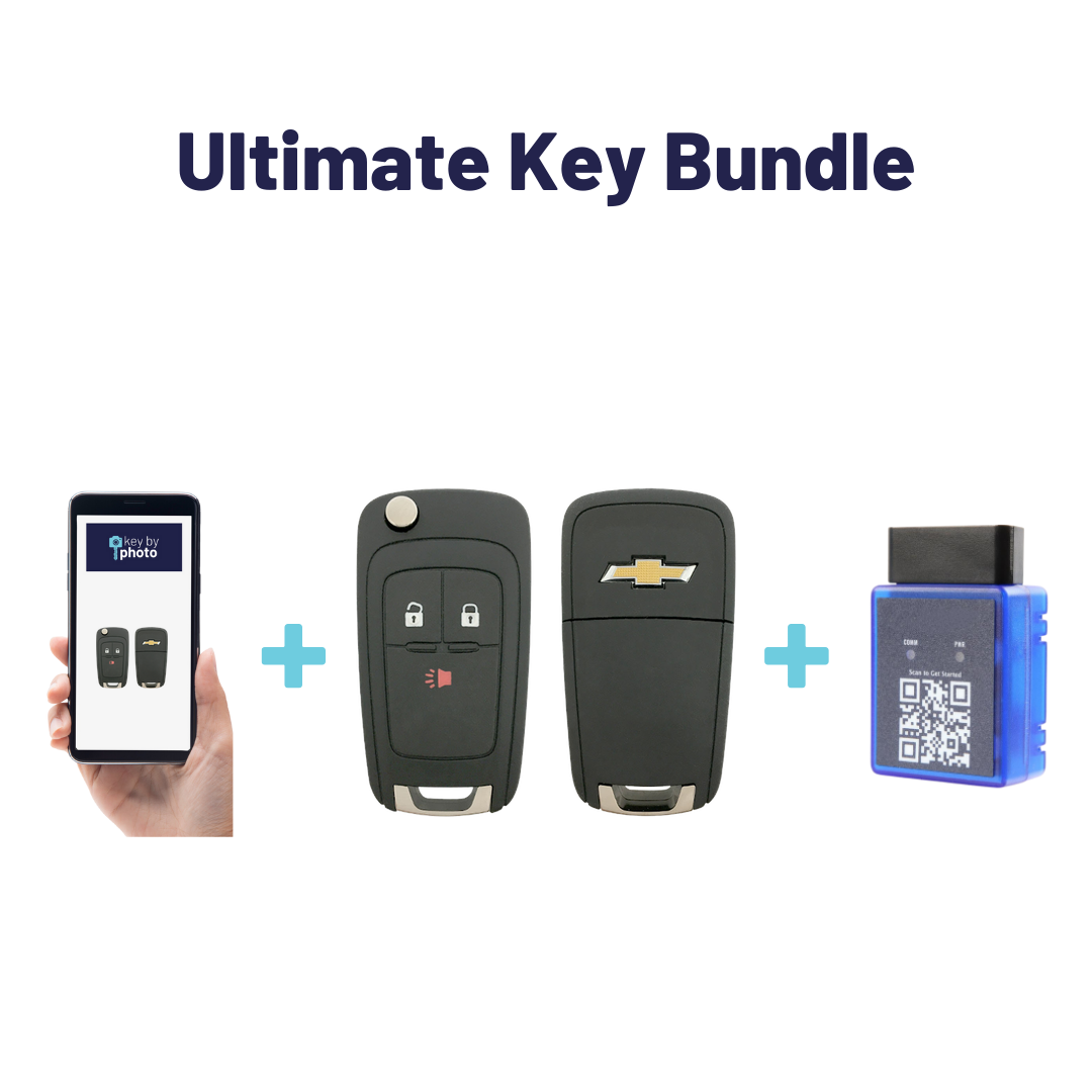 Ultimate Remote Key Bundle with Programming Tool, Refurbished 3-Button Remote Key and Key By Photo for Select Chevrolet Vehicles (CHEFLP-3B-839-REF-K-UKB)