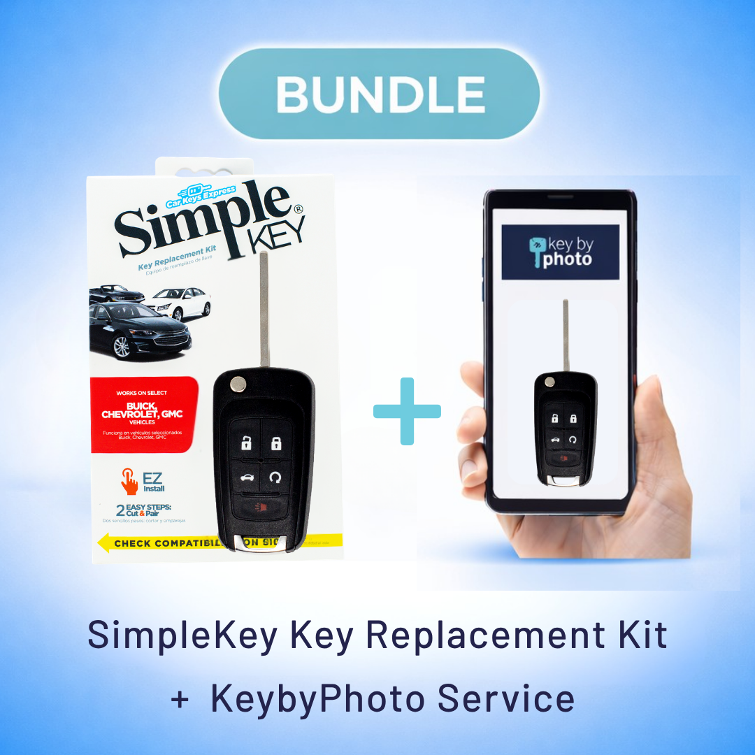 Ultimate Key Bundle DIY Car Key Replacement Kit with SimpleKey™ Programmer & Key By Photo™ Service | Select Buick, Chevrolet & GMC Vehicle with 5 Button Remote Key with Trunk Release Feature, High Security Blade (GMFK5TRSSK-KBP-UKB)