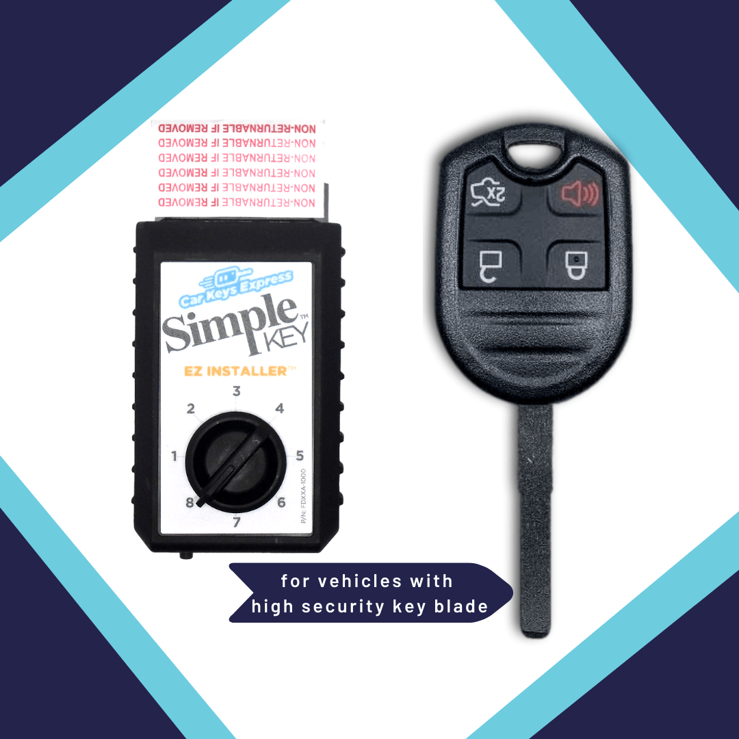 Ultimate Key Bundle DIY Car Key Replacement Kit with SimpleKey™ Programmer & Key By Photo™ Service | Select Ford Vehicle with 4 Button Remote Key with Trunk Release Feature, High Security Blade (FORRK4HSSK-KBP-UKB)